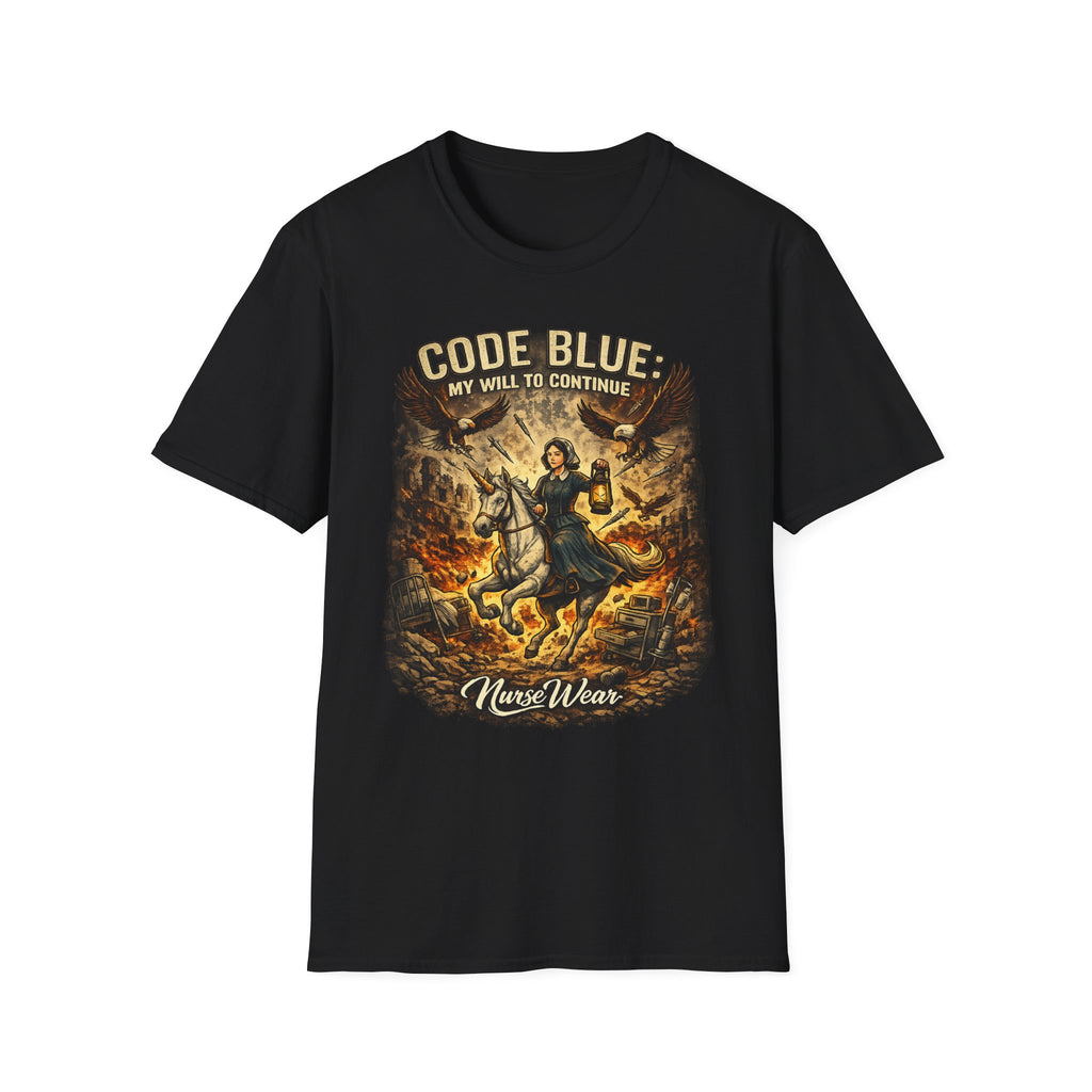 Black nurse shirt with Code Blue My Will to Continue graphic design