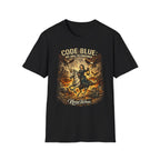 Black nurse shirt with Code Blue My Will to Continue graphic design
