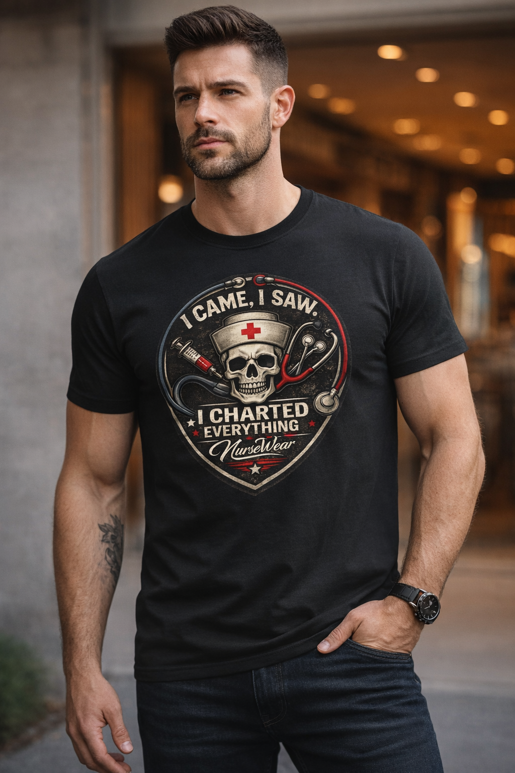 Male model wearing black I Came I Saw I Charted Everything graphic tee outdoors with skull nurse design and dark denim jeans