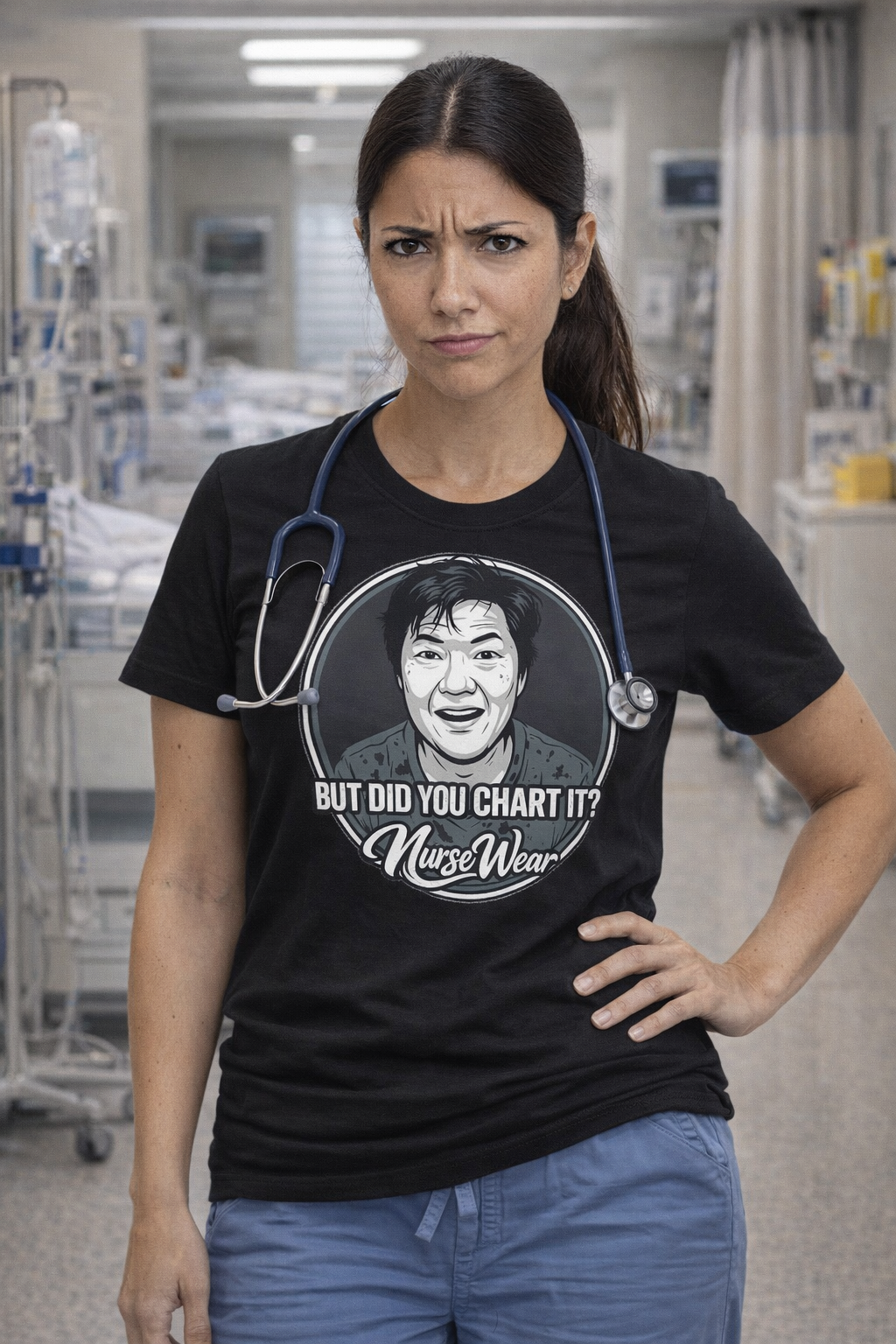 Nurse wearing dark heather But Did You Chart It graphic tee in hospital hallway with blue scrubs and stethoscope