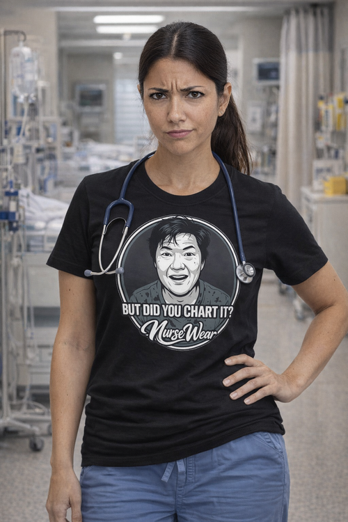Nurse wearing dark heather But Did You Chart It graphic tee in hospital hallway with blue scrubs and stethoscope