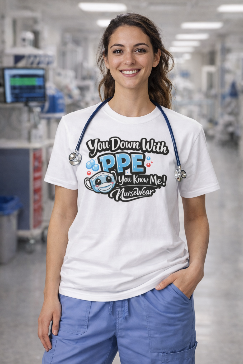 Nurse wearing white You Down With PPE You Know Me graphic tee in hospital setting with blue scrubs and stethoscope