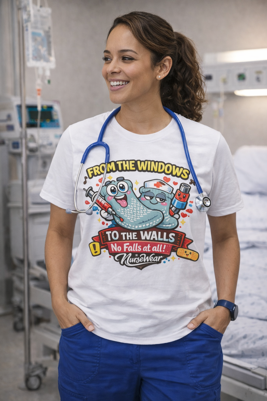 Nurse wearing white From the Windows to the Walls No Falls at All graphic tee in hospital room with blue scrubs and stethoscope