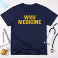 Navy blue t-shirt with 'WVU MEDICINE' text on a white background with medical-themed items.