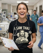 Person in a hospital setting wearing a t-shirt with a graphic and text, holding a clipboard.