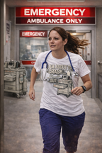 Nurse wearing white I Am About to Crash Out graphic tee running through emergency room entrance with blue scrubs and stethoscope
