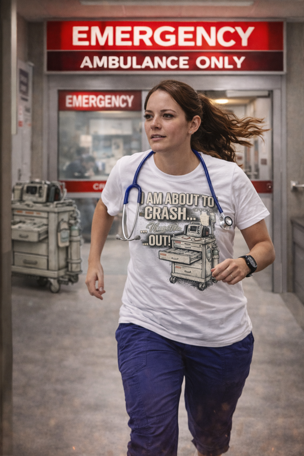 Nurse wearing white I Am About to Crash Out graphic tee running through emergency room entrance with blue scrubs and stethoscope