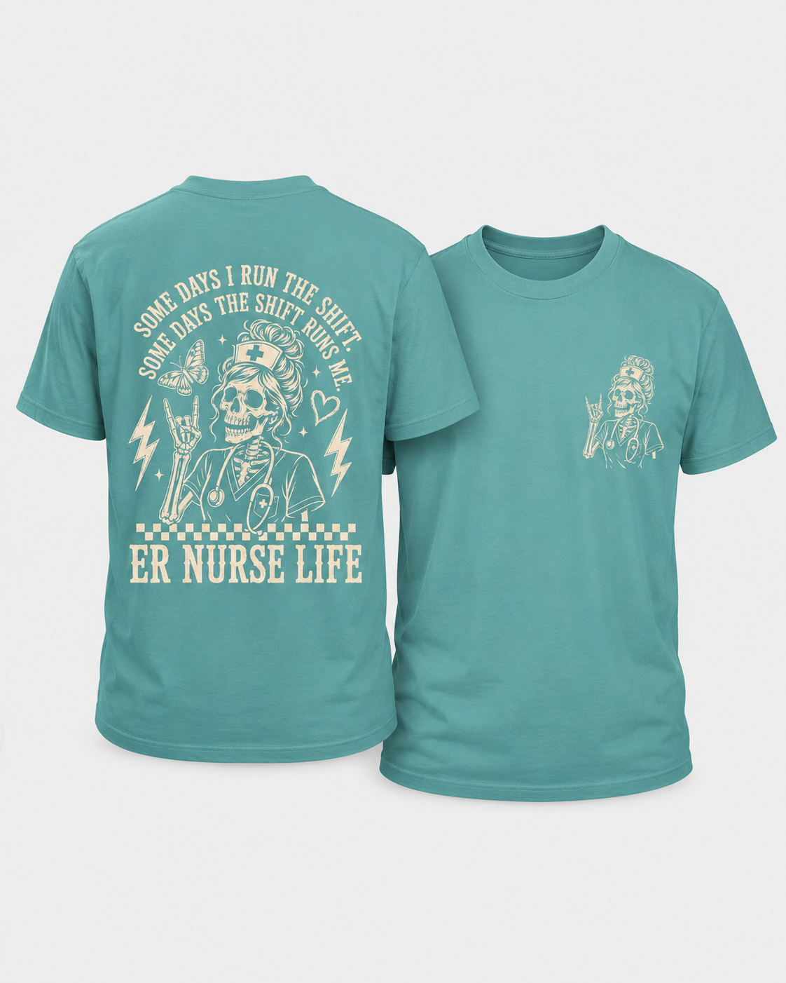 Teal t-shirt with skeleton design and text on front and back, on a white background