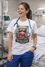 Nurse wearing white The Feral Nurse graphic tee in hospital room with blue scrubs, stethoscope, and raccoon nurse design