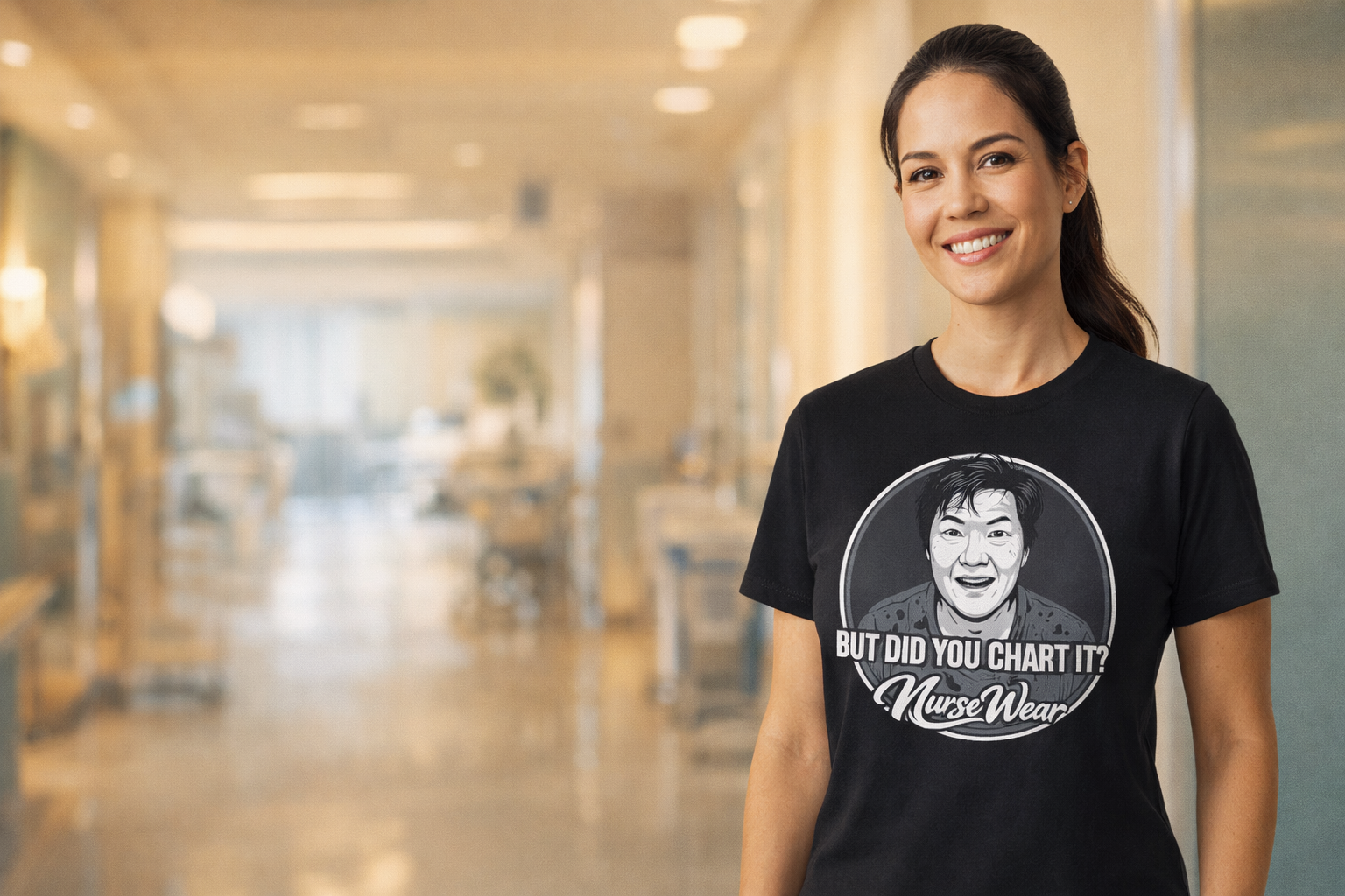 Woman wearing a black t-shirt with a graphic design in an indoor setting
