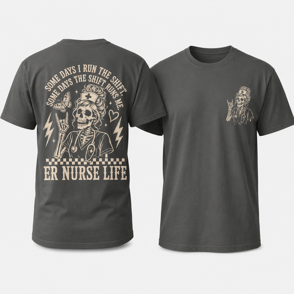 Gray t-shirt with nurse-themed graphics and text on a white background