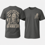 Gray t-shirt with nurse-themed graphics and text on a white background