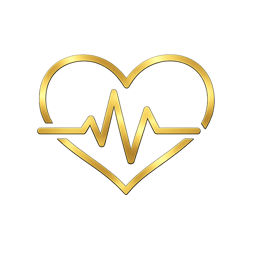 Gold heart with a heartbeat line design on a white background