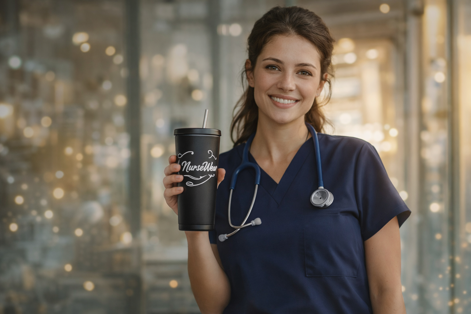 Woman in medical scrubs holding a black coffee cup with 'Nurse' written on it, blurred lights in the background