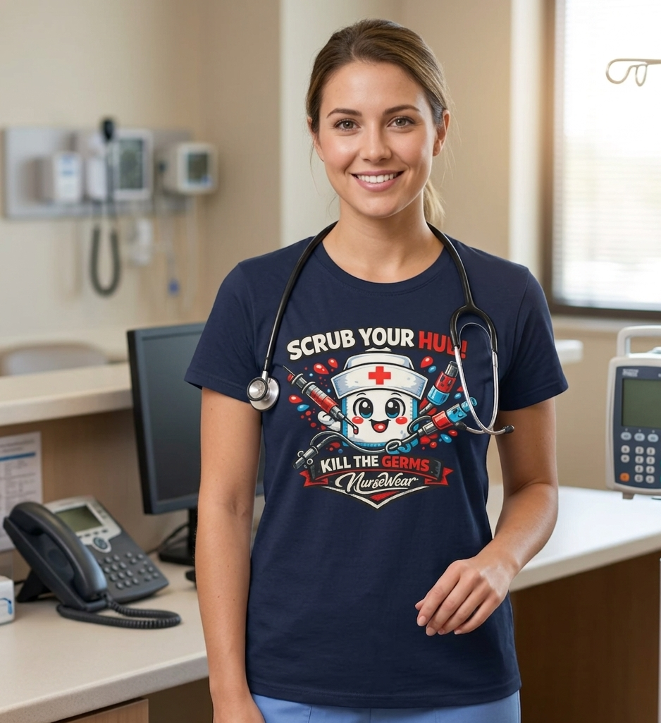 Person wearing a navy blue t-shirt with a graphic design in a medical setting