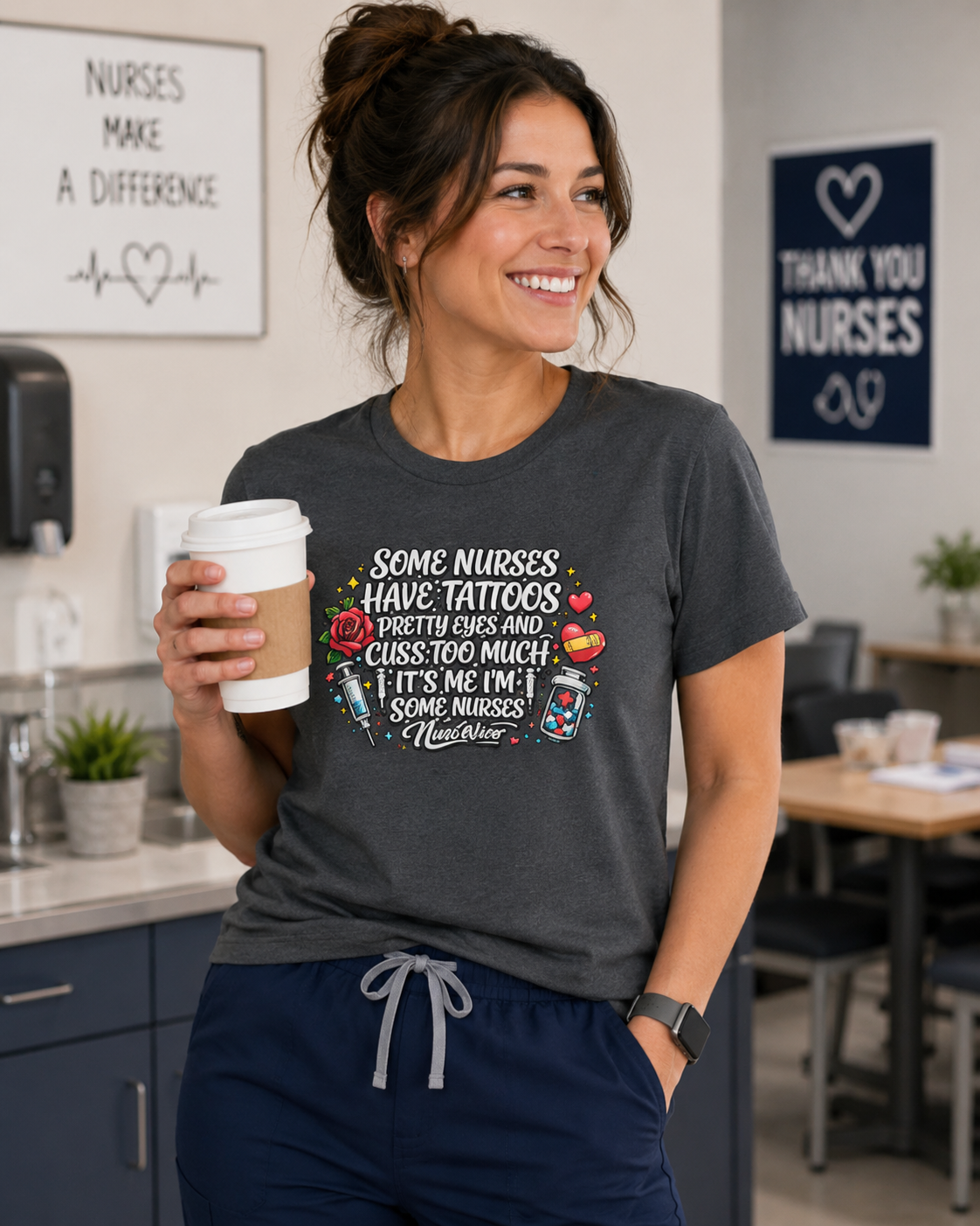 Woman wearing a t-shirt with a humorous nurse-themed design, holding a coffee cup in a casual setting.
