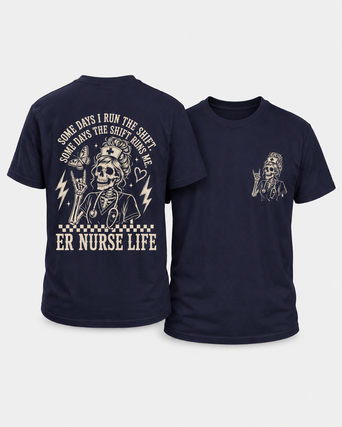 Navy blue t-shirt with skeleton design and text on a white background
