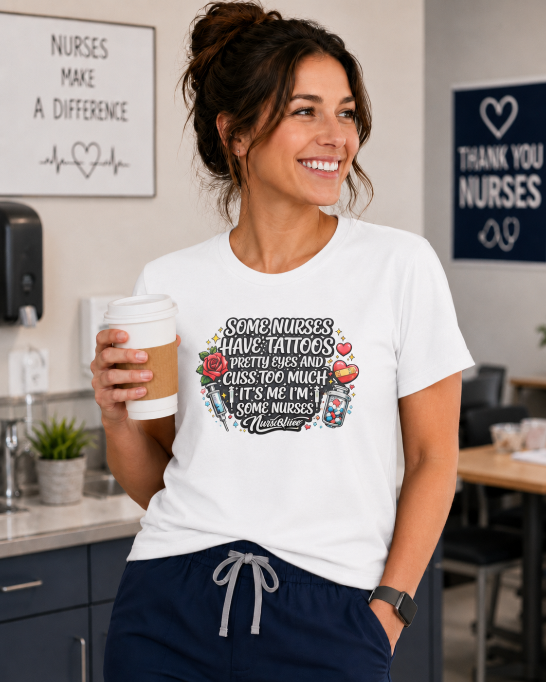 Woman wearing a white t-shirt with a humorous design, holding a coffee cup in a casual setting.